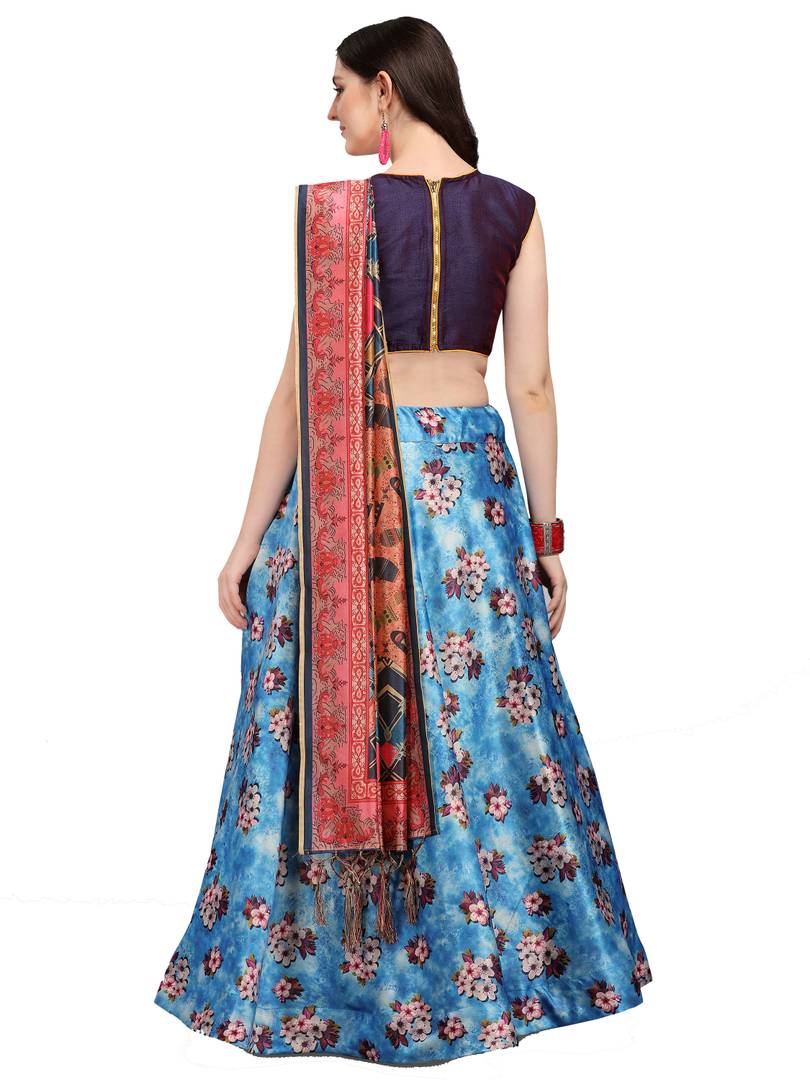 Elegant Blue Woven Design Satin Semi-Stitched Lehenga Choli with Dupatta For Women